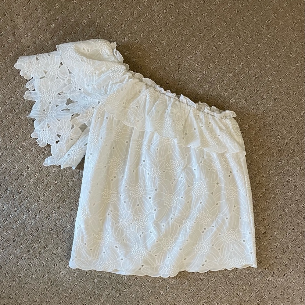 KAS New York Dulia White Floral Eyelet Lace One Shoulder Blouse, Sz S/M - Picture 14 of 14